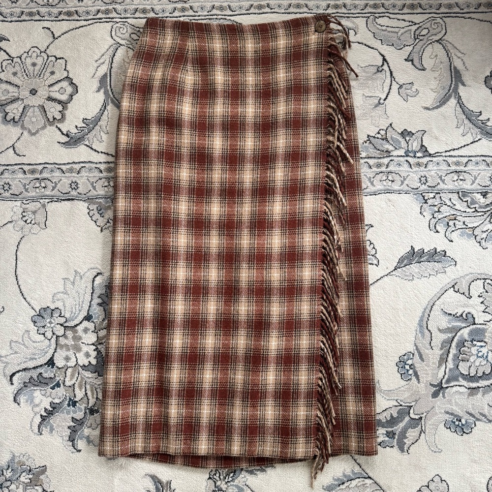 Daniel Hechter Plaid Fringe Wrap Midi Skirt, Brown/Beige, Wool Blend, Size 6 (S) - Picture 12 of 12
